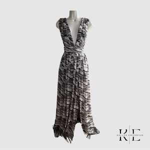 Chicseek Brown/Navy Long Deep V-Neck Dress